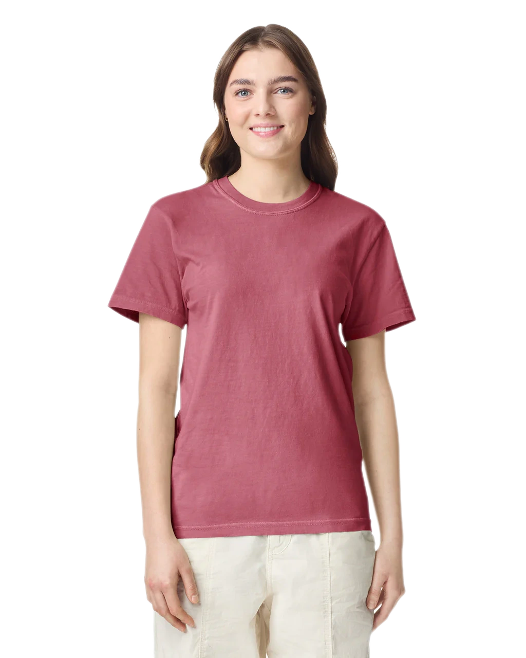 Comfort Colors 1717 heavyweight T-shirt in Brick, shown on a model from the front.