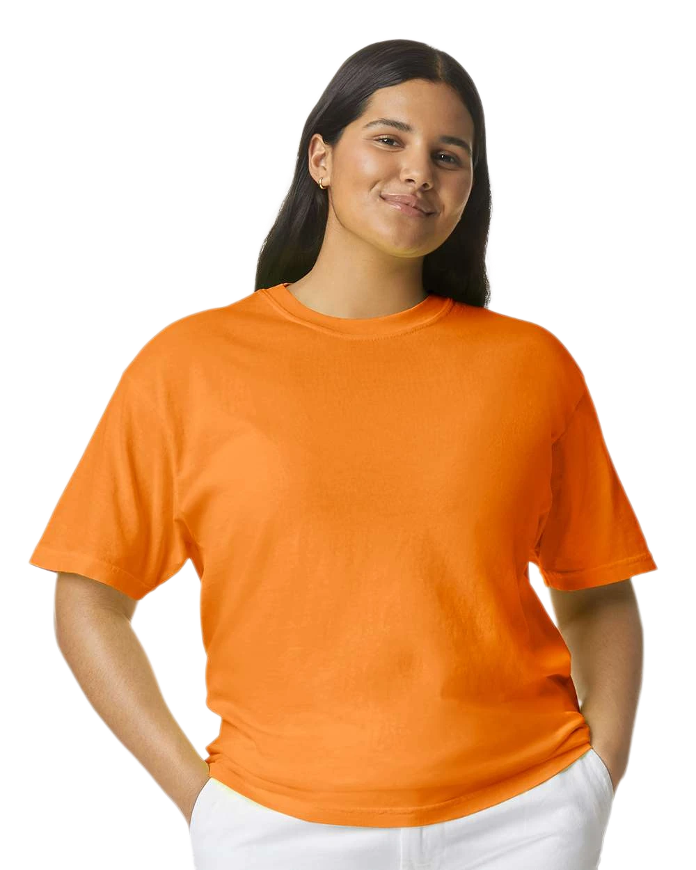 Comfort Colors 1717 heavyweight T-shirt in Bright Orange, shown on a model from the front.