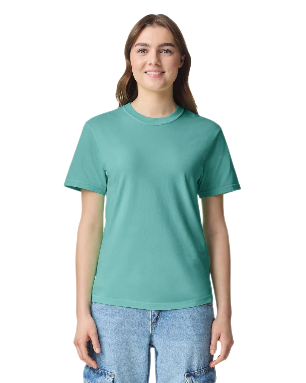 Comfort Colors 1717 heavyweight T-shirt in Chalky Mint, shown on a model from the front.