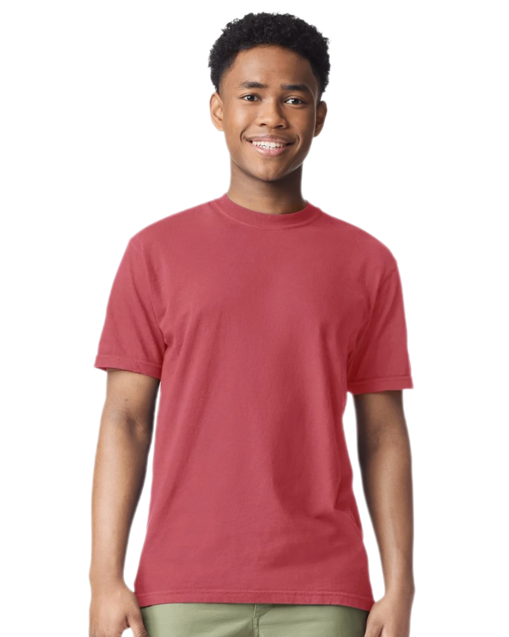 Comfort Colors 1717 heavyweight T-shirt in Chili, shown on a model from the front.