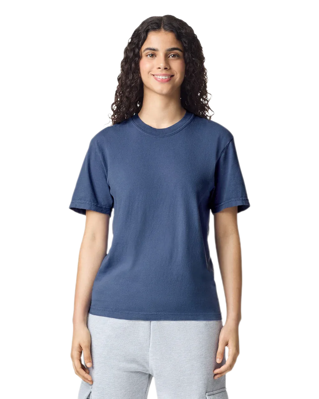 Comfort Colors 1717 heavyweight T-shirt in China Blue, shown on a model from the front.