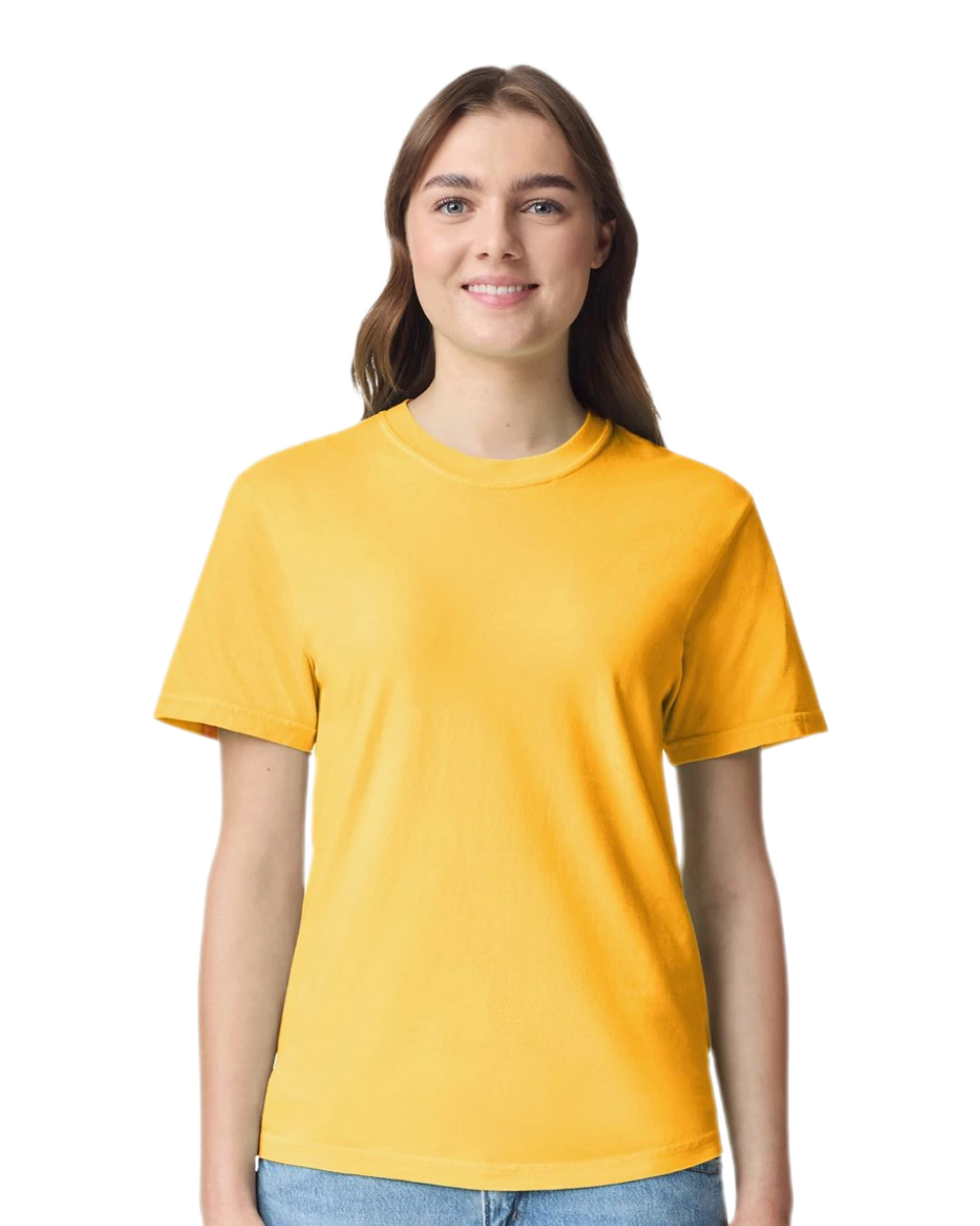 Comfort Colors 1717 heavyweight T-shirt in Citrus, shown on a model from the front.