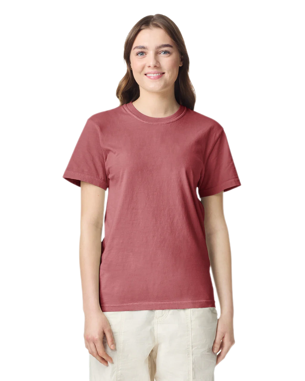 Comfort Colors 1717 heavyweight T-shirt in Crimson, shown on a model from the front.