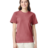 Comfort Colors 1717 heavyweight T-shirt in Crimson, shown on a model from the front.