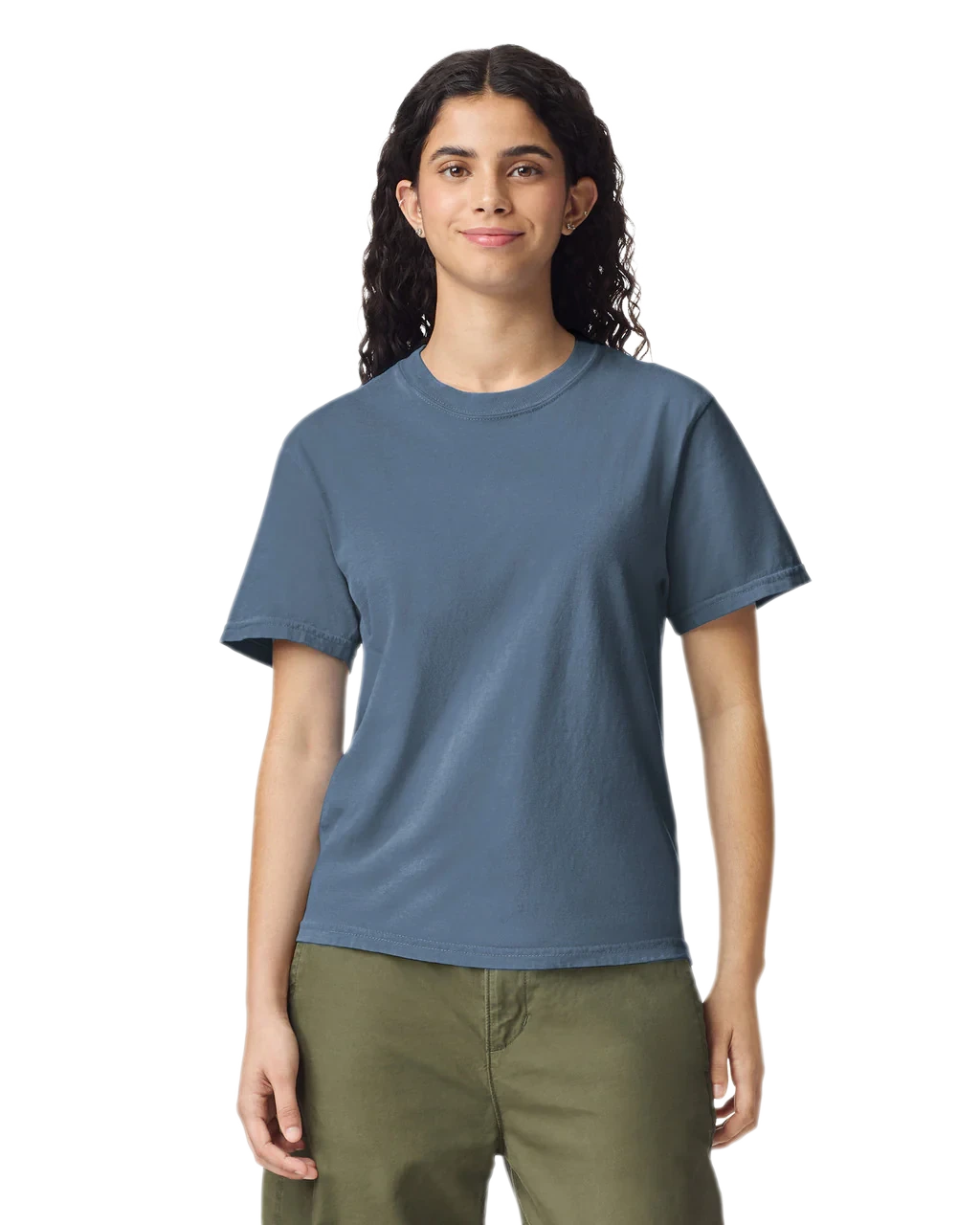 Comfort Colors 1717 heavyweight T-shirt in Denim, shown on a model from the front.