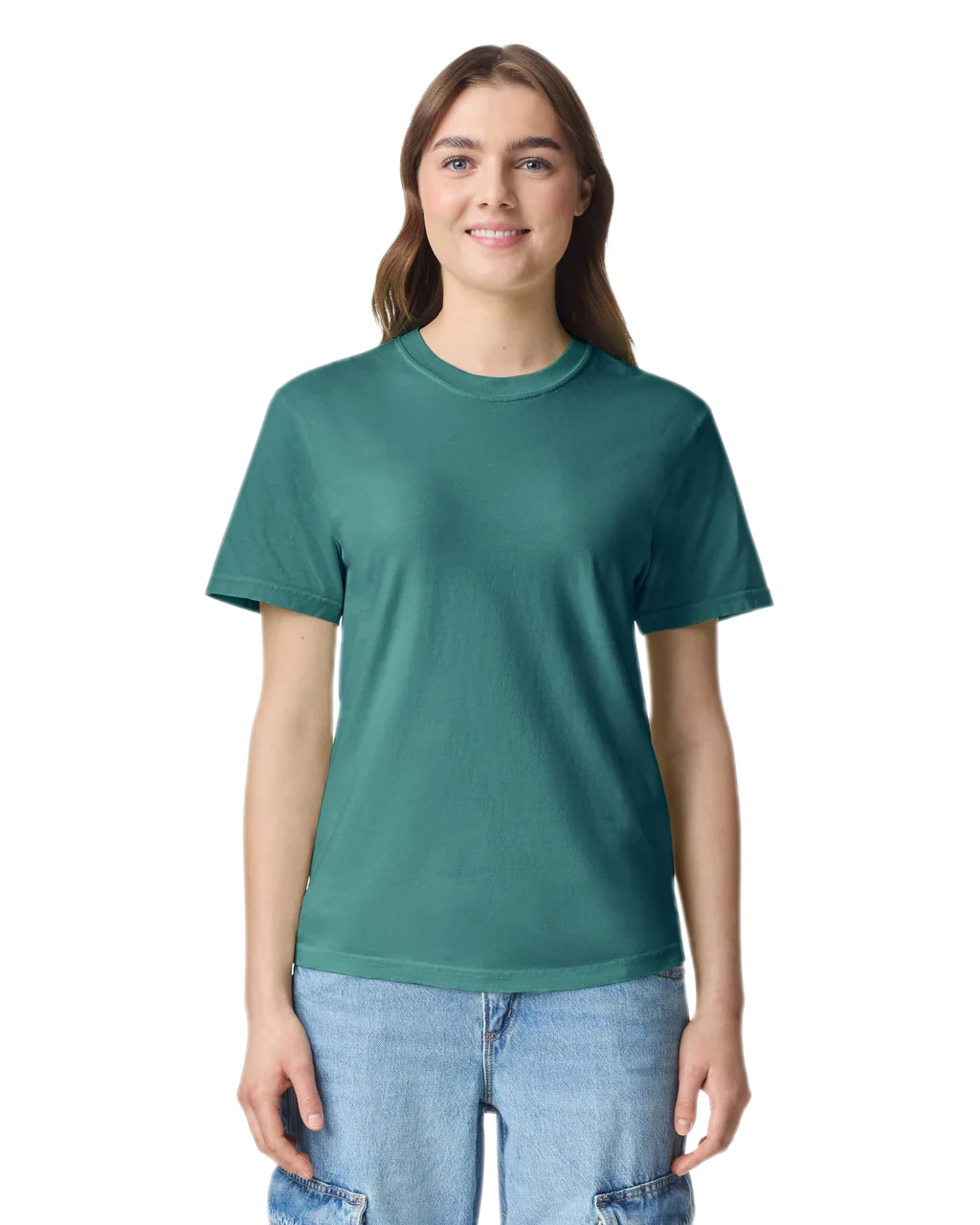 Comfort Colors 1717 heavyweight T-shirt in Emerald, shown on a model from the front.