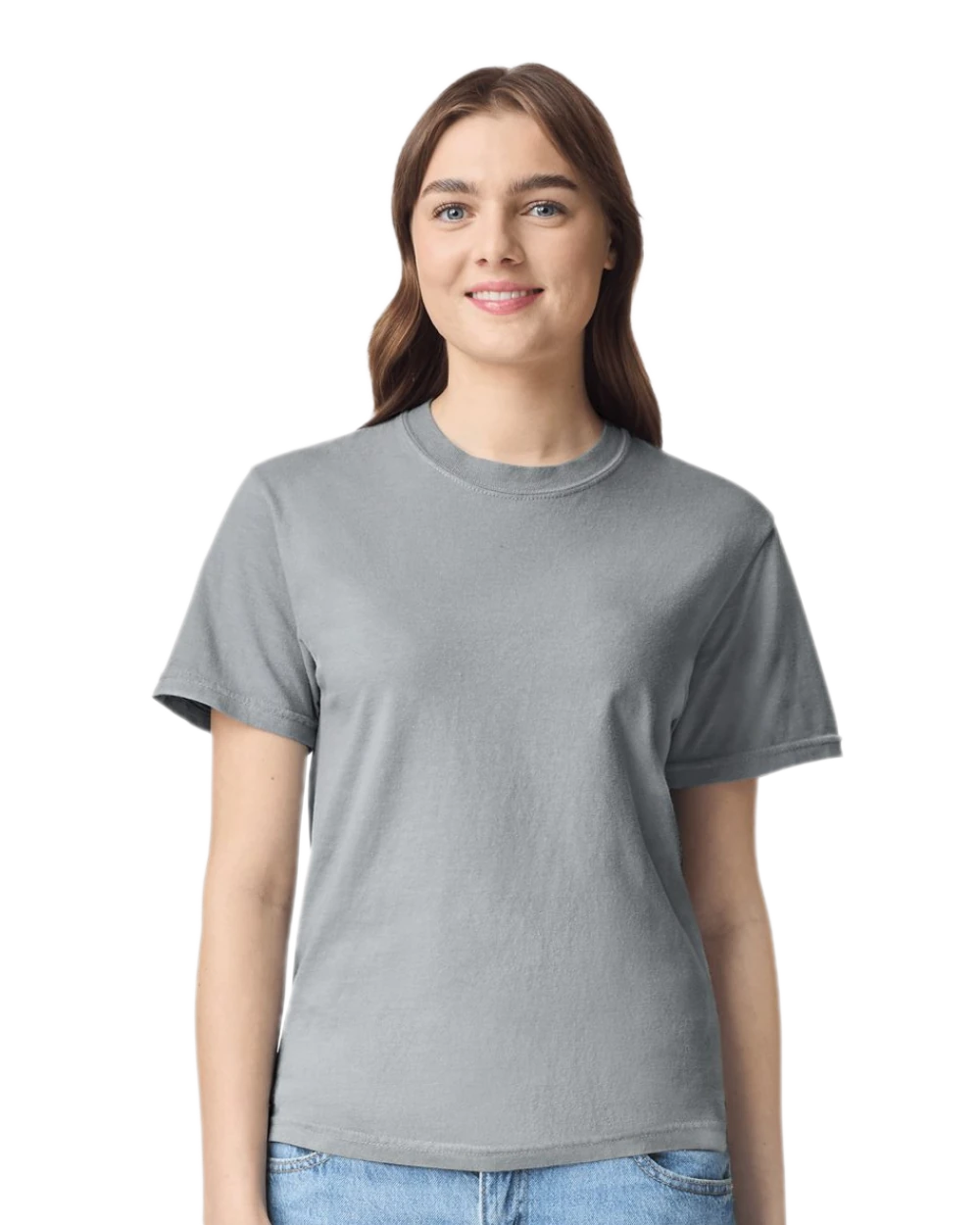 Comfort Colors 1717 heavyweight T-shirt in Granite, shown on a model from the front.