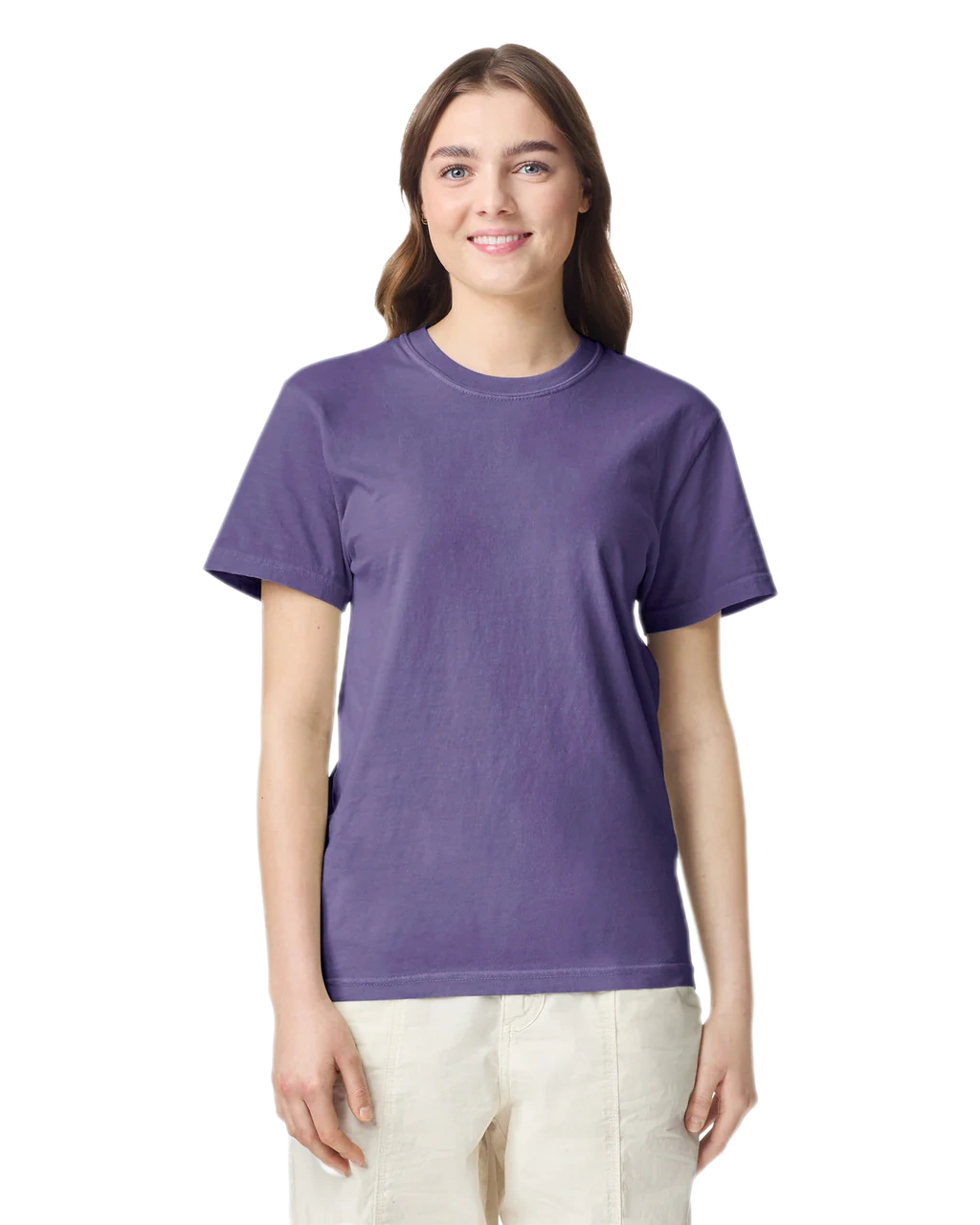 Comfort Colors 1717 heavyweight T-shirt in Grape, shown on a model from the front.
