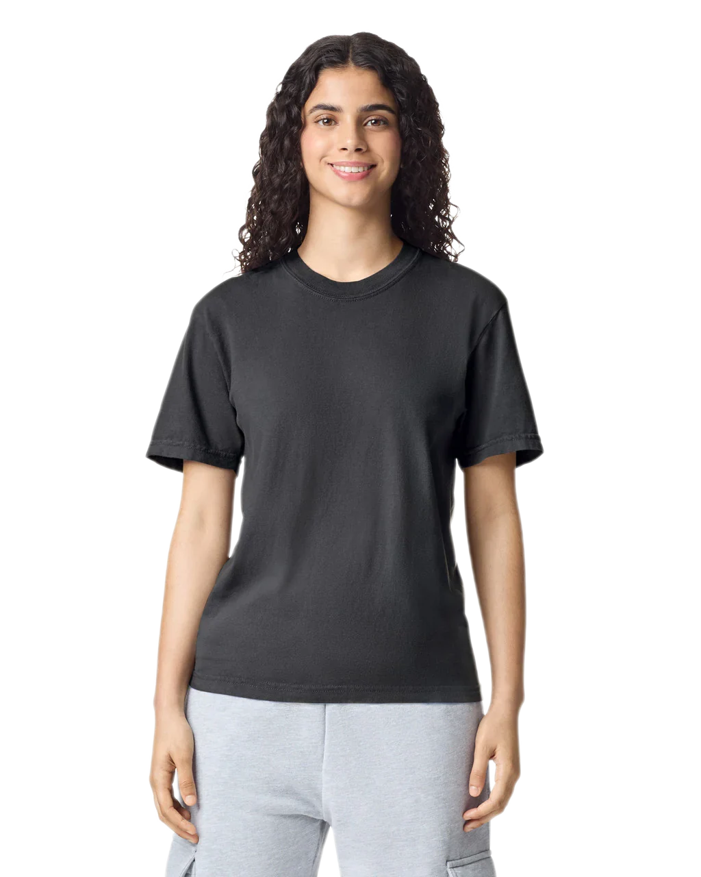 Comfort Colors 1717 heavyweight T-shirt in Graphite, shown on a model from the front.