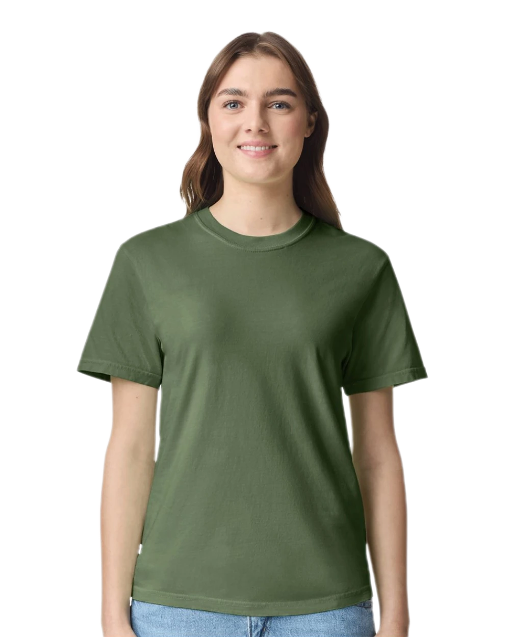 Comfort Colors 1717 heavyweight T-shirt in Hemp, shown on a model from the front.
