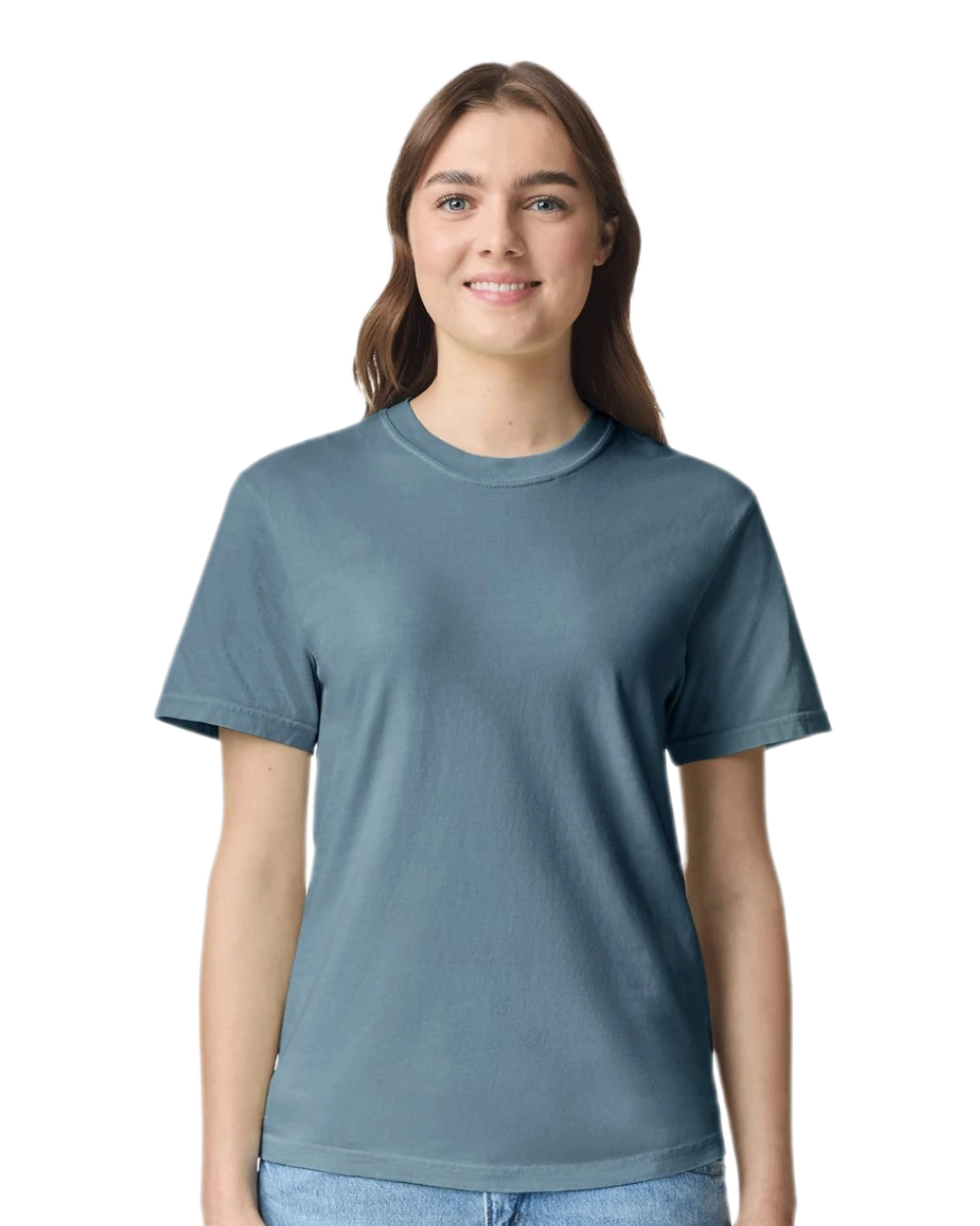 Comfort Colors 1717 heavyweight T-shirt in Ice Blue, shown on a model from the front.