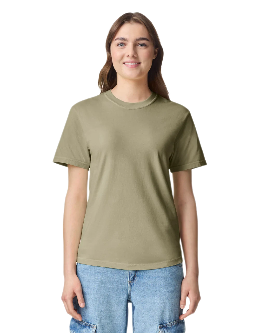 Comfort Colors 1717 heavyweight T-shirt in Khaki, shown on a model from the front.