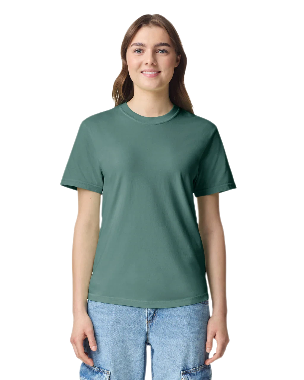Comfort Colors 1717 heavyweight T-shirt in Light Green, shown on a model from the front.