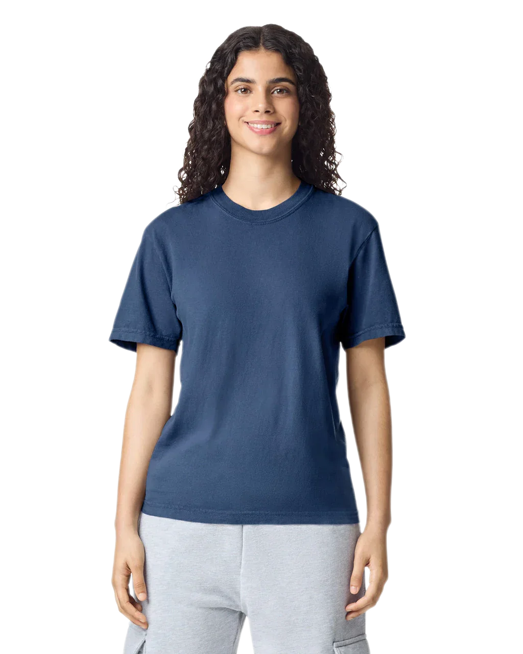 Comfort Colors 1717 heavyweight T-shirt in Midnight, shown on a model from the front.