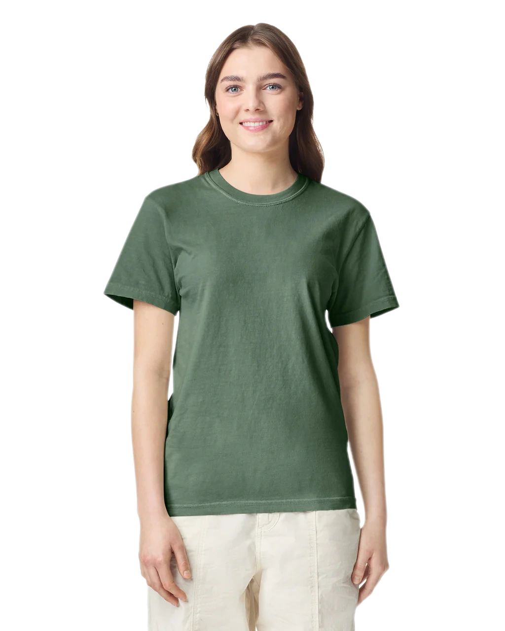 Comfort Colors 1717 heavyweight T-shirt in Moss, shown on a model from the front.