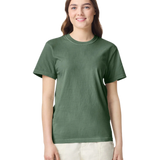 Comfort Colors 1717 heavyweight T-shirt in Moss, shown on a model from the front.