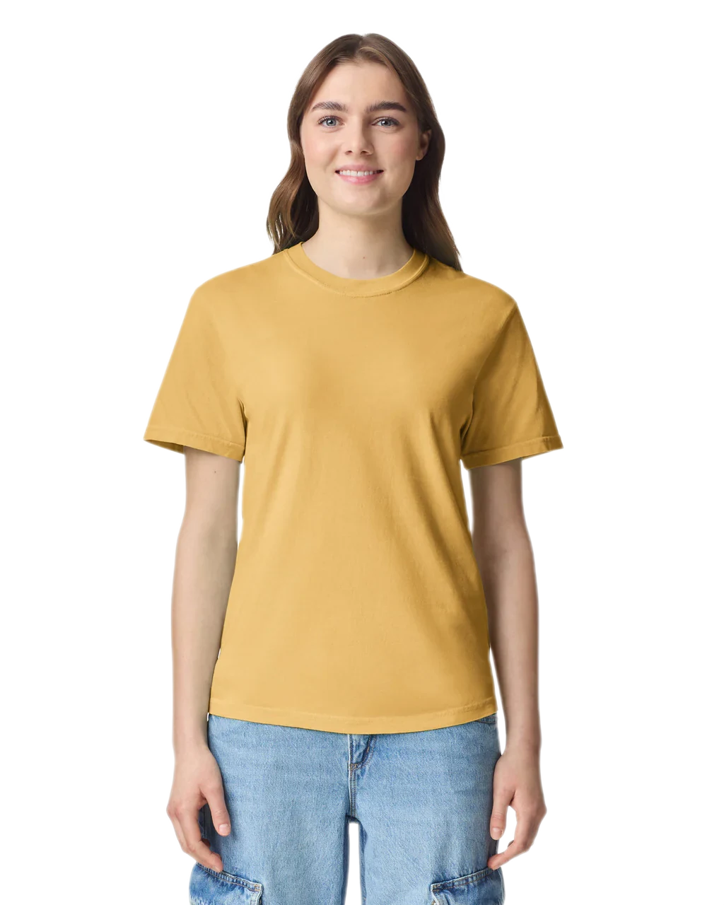 Comfort Colors 1717 heavyweight T-shirt in Mustard, shown on a model from the front.