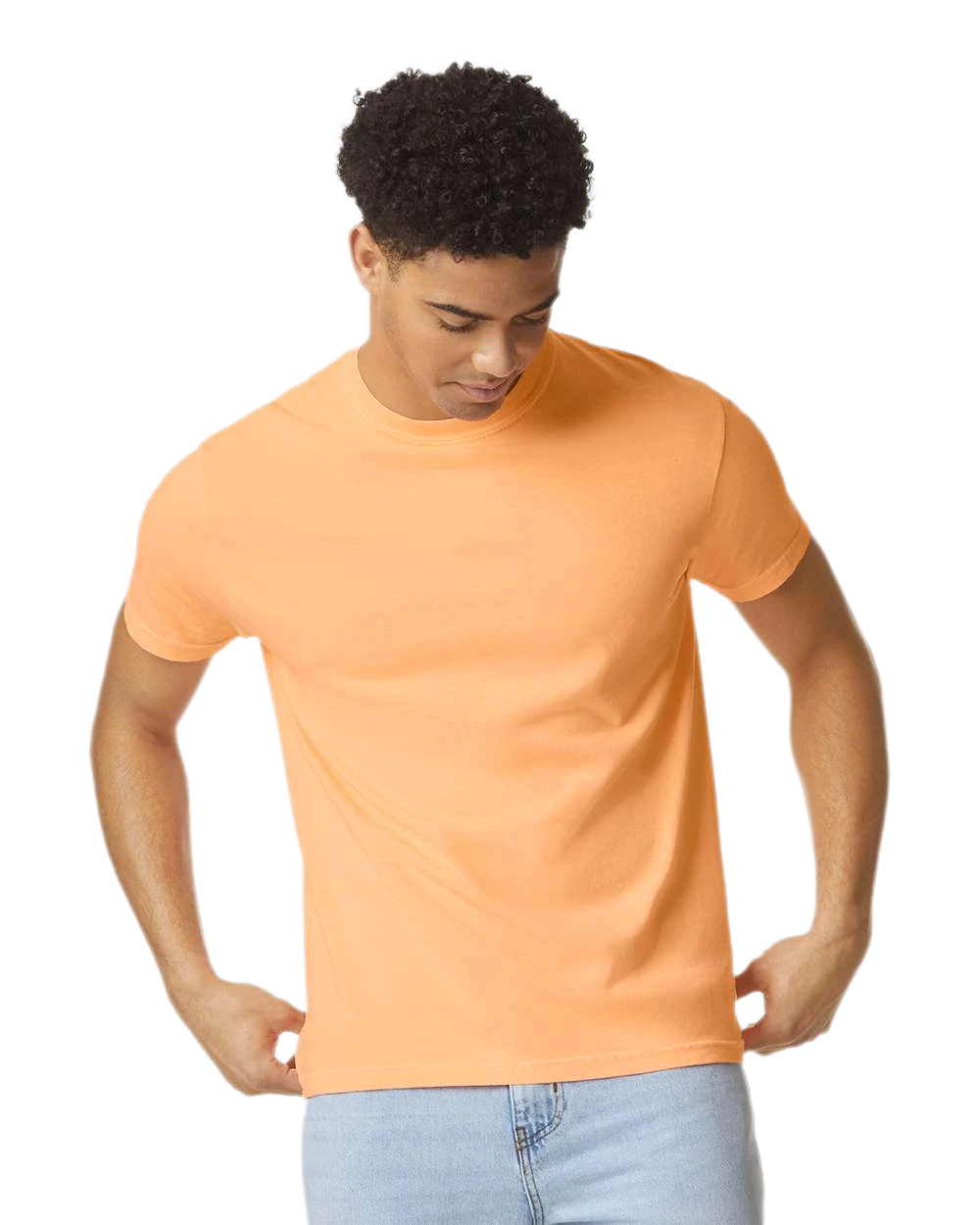 Comfort Colors 1717 heavyweight T-shirt in Neon Cantaloupe, shown on a model from the front.
