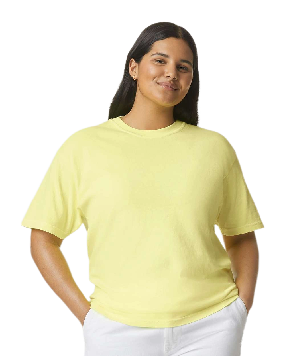 Comfort Colors 1717 heavyweight T-shirt in Neon Lemon, shown on a model from the front.