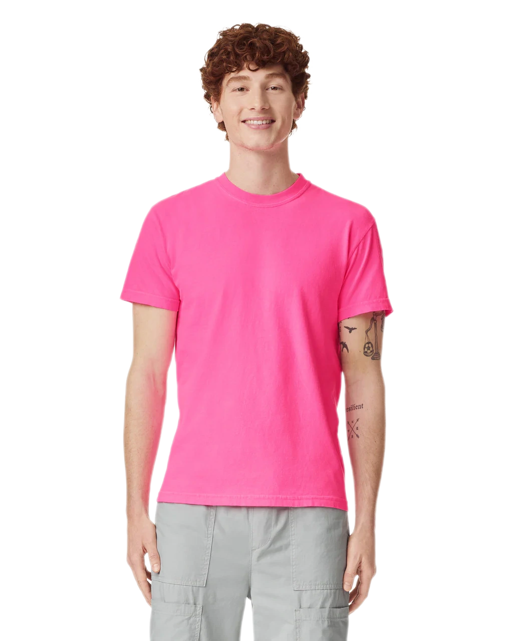 Comfort Colors 1717 heavyweight T-shirt in Neon Pink, shown on a model from the front.