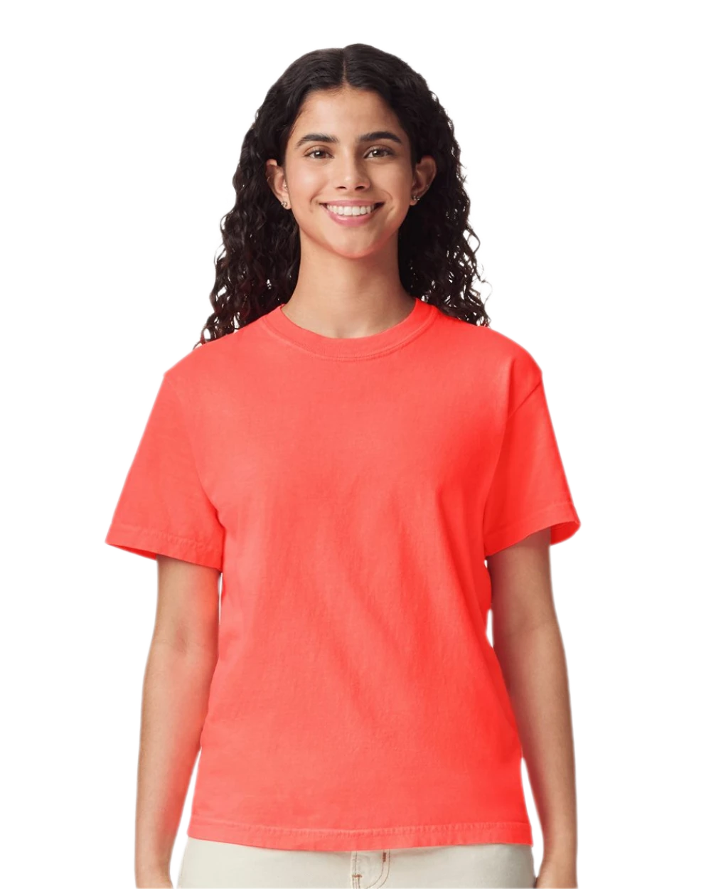 Comfort Colors 1717 heavyweight T-shirt in Neon Red Orange, shown on a model from the front.