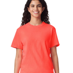 Comfort Colors 1717 heavyweight T-shirt in Neon Red Orange, shown on a model from the front.