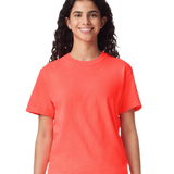 Comfort Colors 1717 heavyweight T-shirt in Neon Red Orange, shown on a model from the front.
