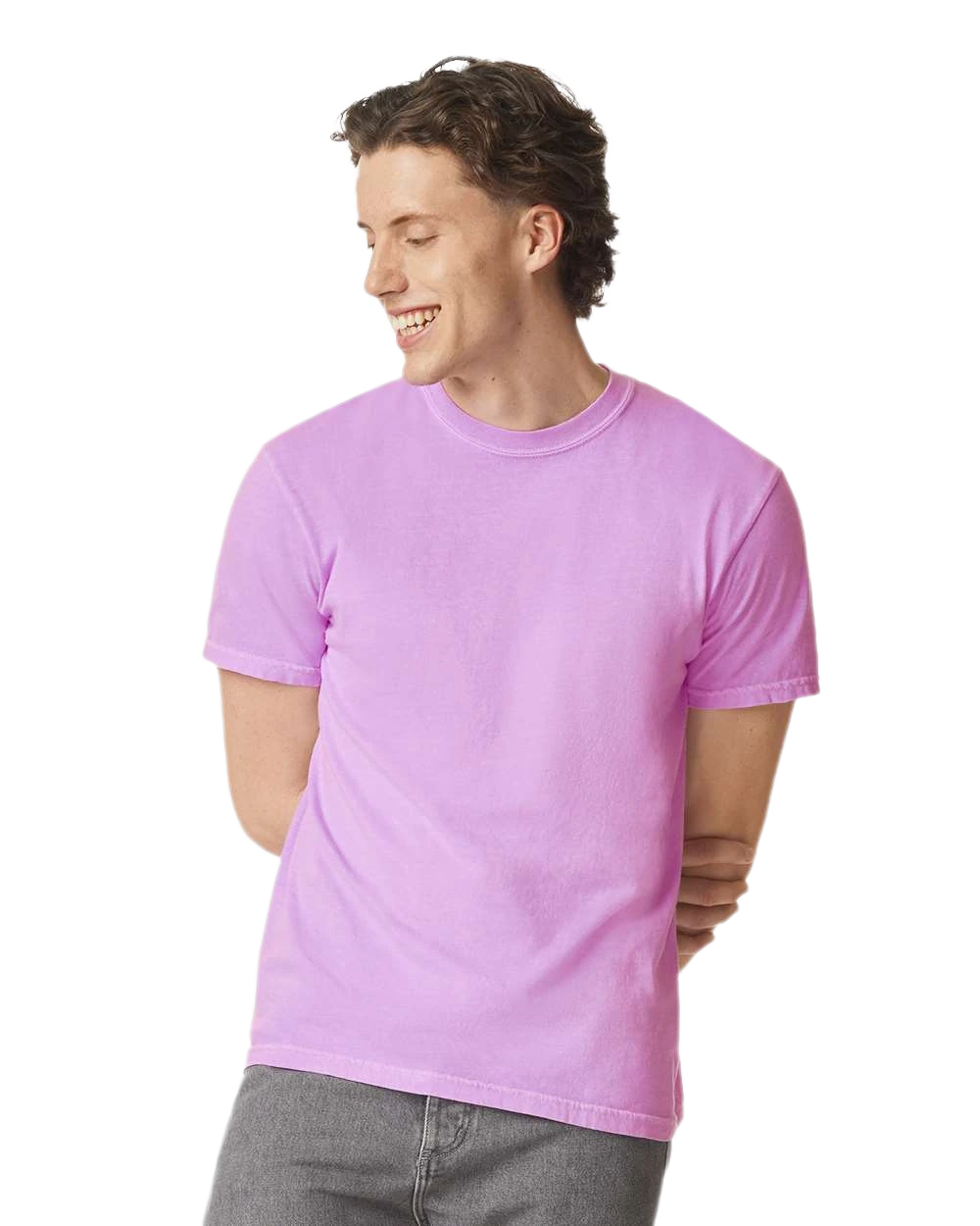 Comfort Colors 1717 heavyweight T-shirt in Neon Violet, shown on a model from the front.