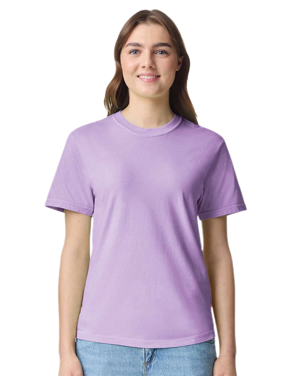 Comfort Colors 1717 heavyweight T-shirt in Orchid, shown on a model from the front.