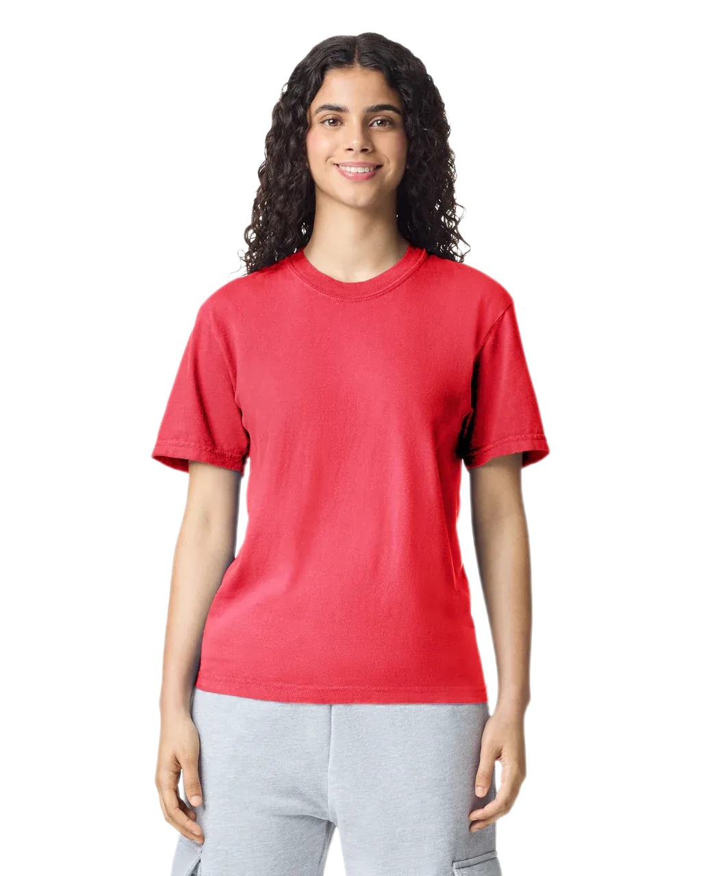 Comfort Colors 1717 heavyweight T-shirt in Paprika, shown on a model from the front.