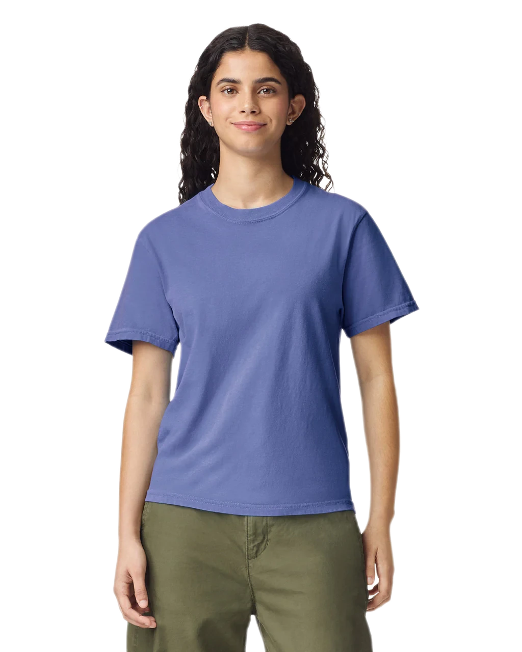 Comfort Colors 1717 heavyweight T-shirt in Periwinkle, shown on a model from the front.
