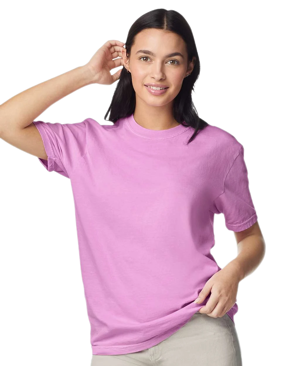 Comfort Colors 1717 heavyweight T-shirt in Rose Quartz, shown on a model from the front.