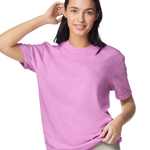 Comfort Colors 1717 heavyweight T-shirt in Rose Quartz, shown on a model from the front.