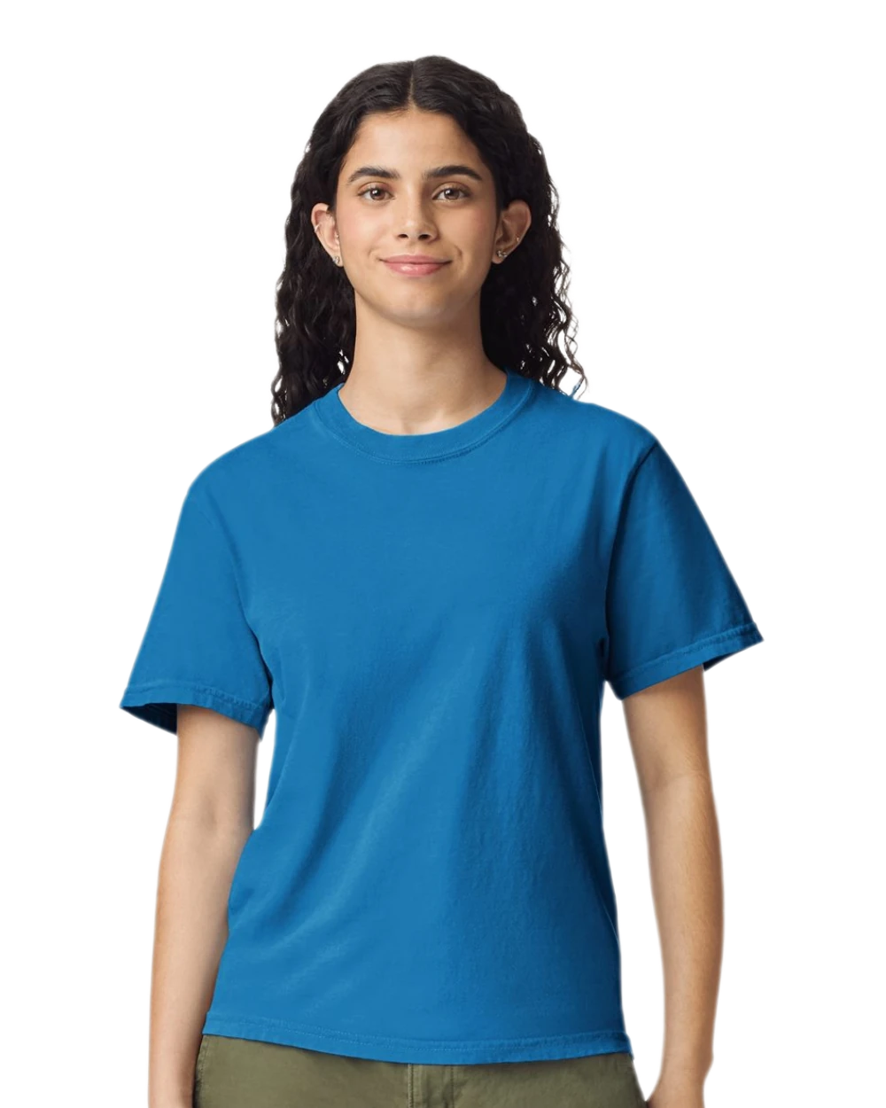 Comfort Colors 1717 heavyweight T-shirt in Royal Caribe, shown on a model from the front.