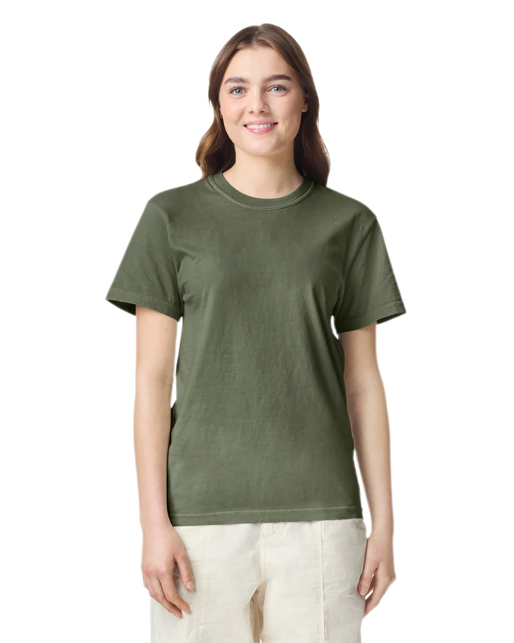 Comfort Colors 1717 heavyweight T-shirt in Sage, shown on a model from the front.