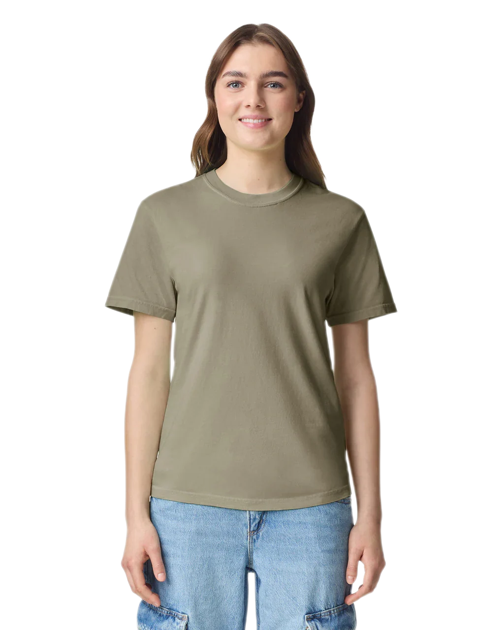 Comfort Colors 1717 heavyweight T-shirt in Sandstone, shown on a model from the front.