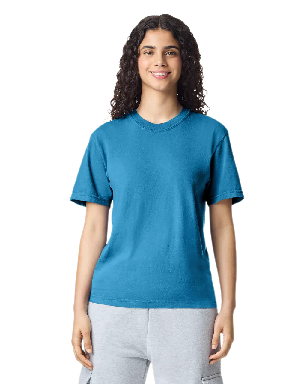 Comfort Colors 1717 heavyweight T-shirt in Sapphire, shown on a model from the front.