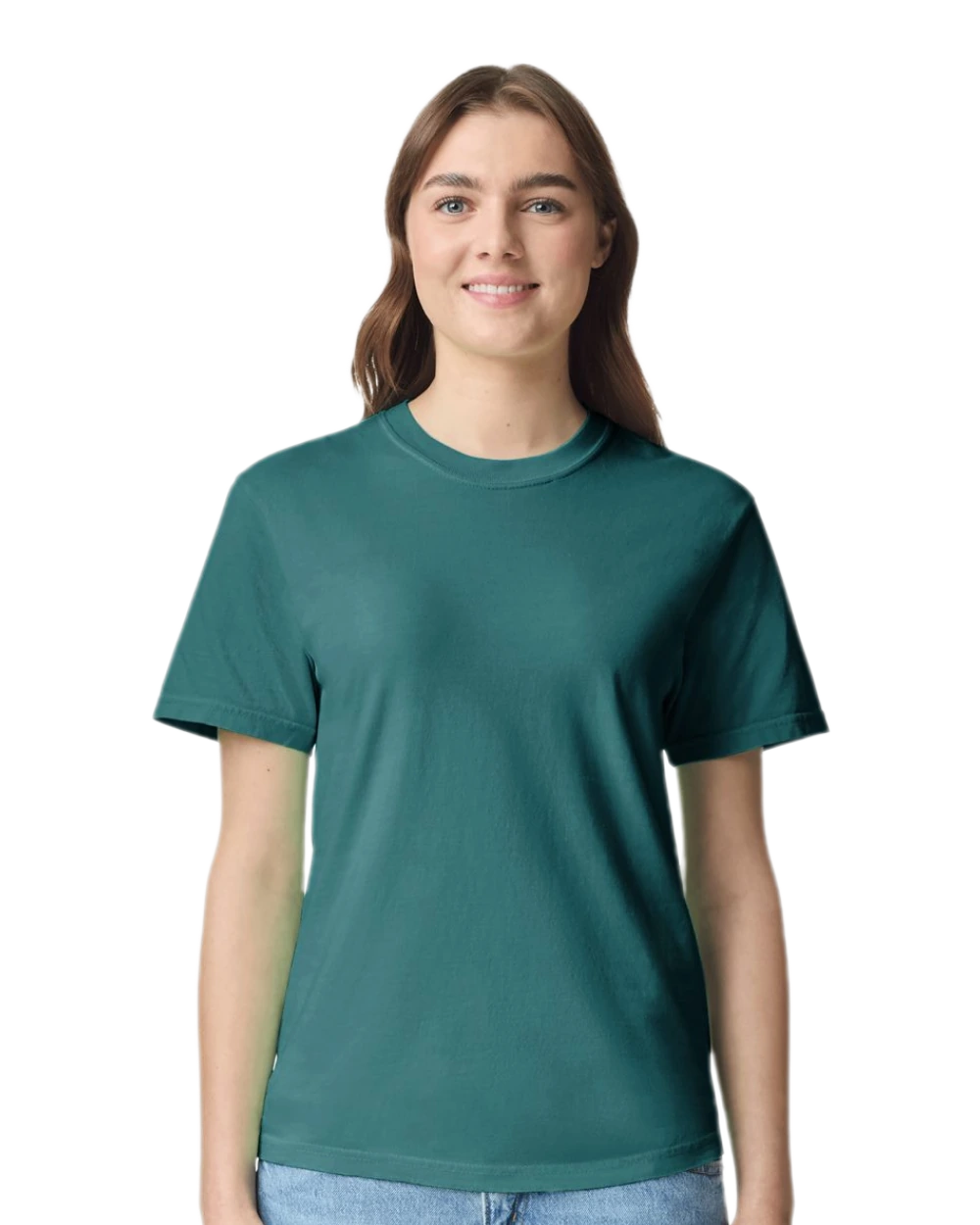 Comfort Colors 1717 heavyweight T-shirt in Seafoam, shown on a model from the front.