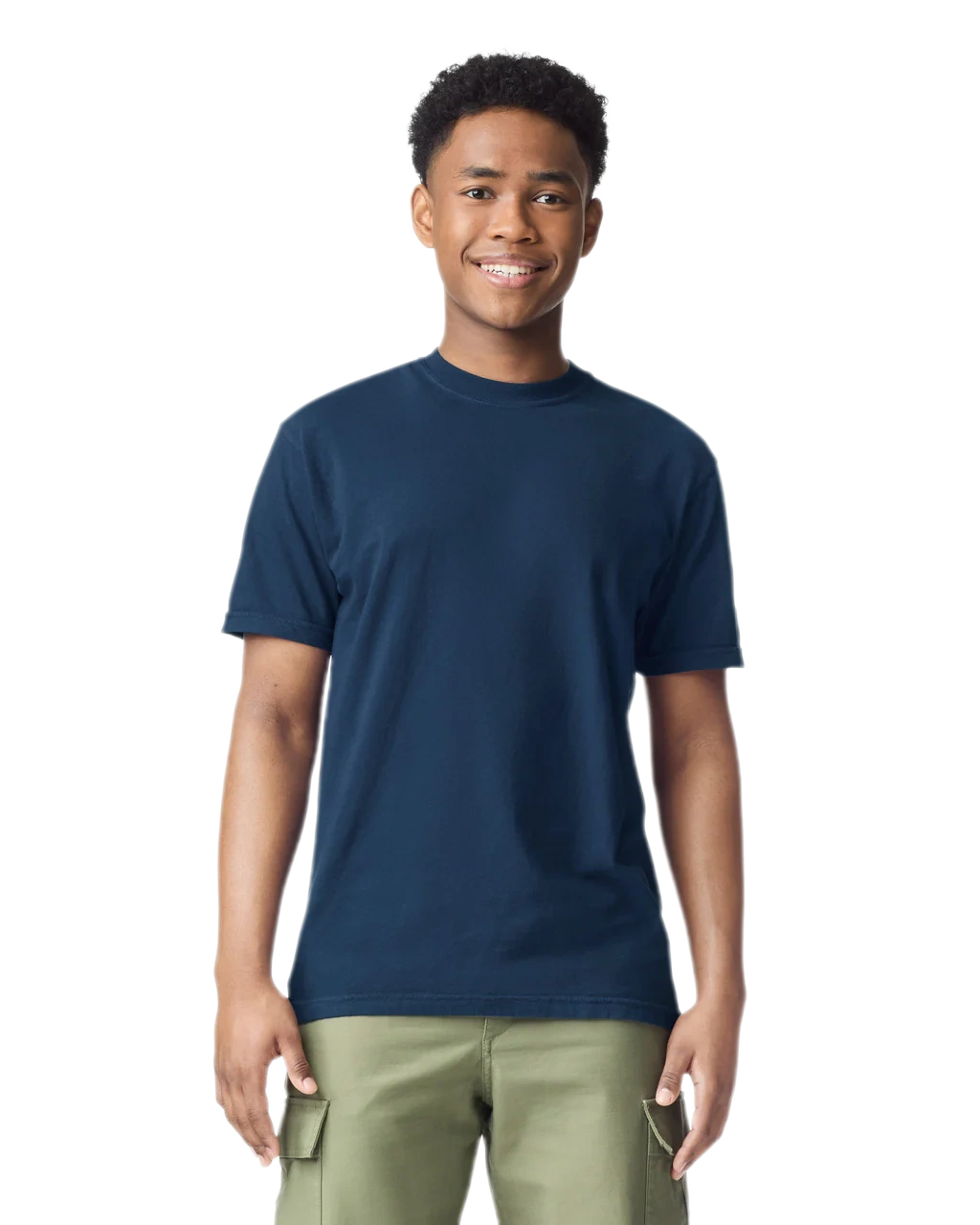 Comfort Colors 1717 heavyweight T-shirt in True Navy, shown on a model from the front.