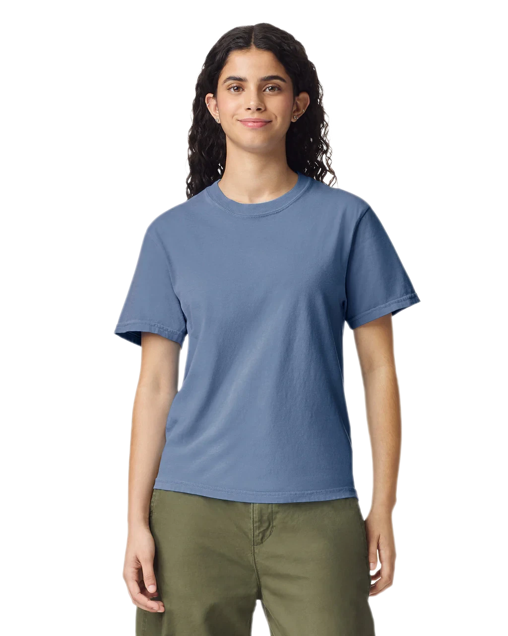 Comfort Colors 1717 heavyweight T-shirt in Washed Denim, shown on a model from the front.
