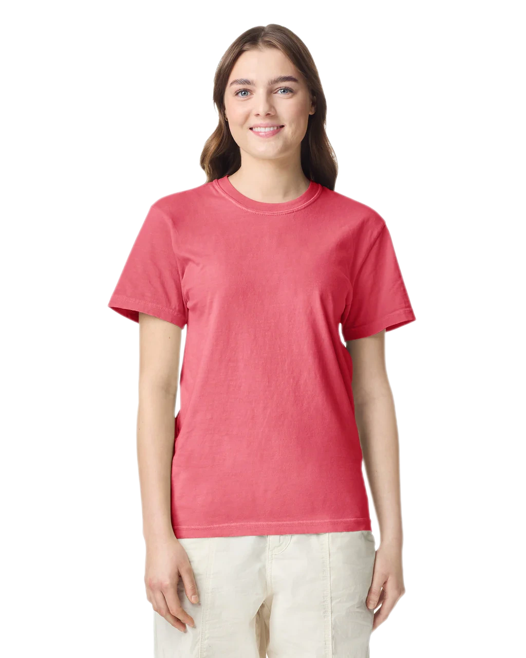 Comfort Colors 1717 heavyweight T-shirt in Watermelon, shown on a model from the front.