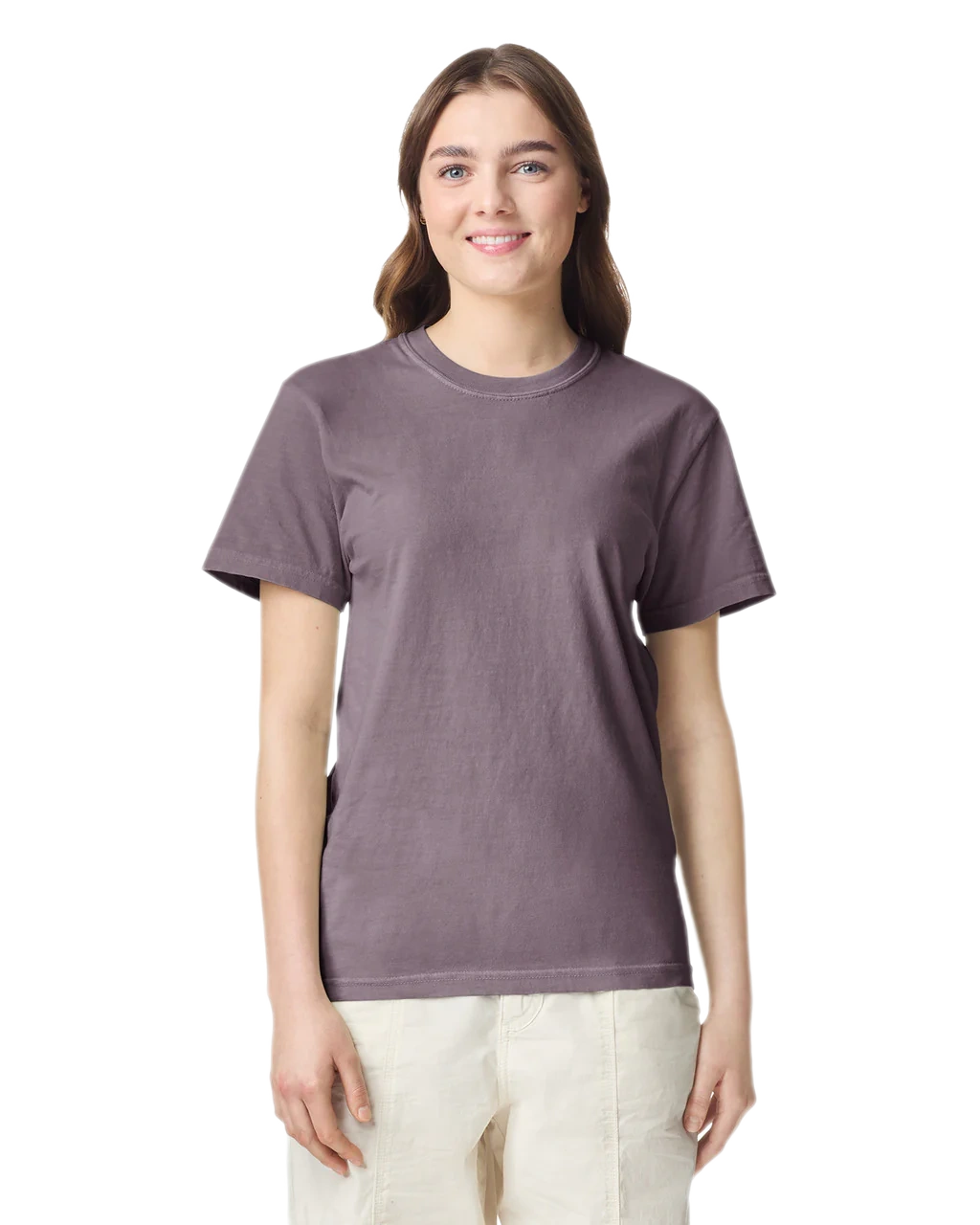 Comfort Colors 1717 heavyweight T-shirt in Wine, shown on a model from the front.