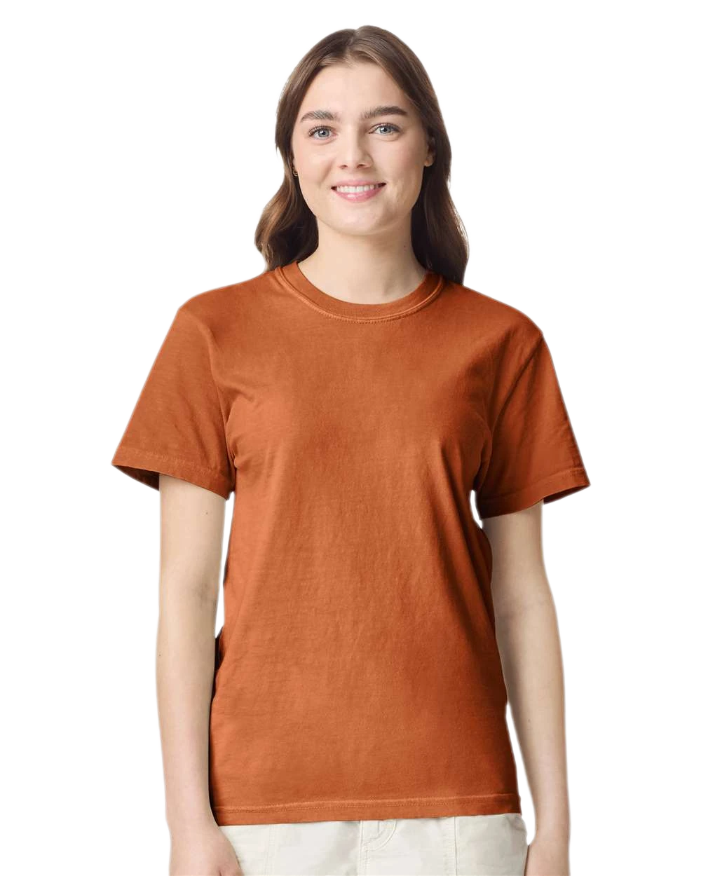 Comfort Colors 1717 heavyweight T-shirt in Yam, shown on a model from the front.
