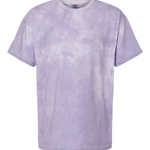 front view of lavender cloud wash t shirt featuring light purple tone with cloudy dye pattern and relaxed casual fit