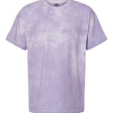 front view of lavender cloud wash t shirt featuring light purple tone with cloudy dye pattern and relaxed casual fit