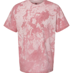 front view of rose red cloud dye t shirt with bold washed dye pattern and relaxed short sleeve fit