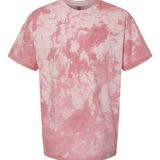 front view of rose red cloud dye t shirt with bold washed dye pattern and relaxed short sleeve fit