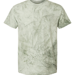 front view of sage green marble wash t shirt showcasing rough textured dye pattern and casual relaxed fit