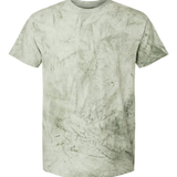 front view of sage green marble wash t shirt showcasing rough textured dye pattern and casual relaxed fit