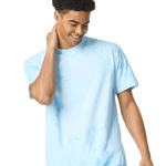 front view of mens sky blue marble wash t shirt styled casually with light neutral shorts and soft cloudy texture throughout